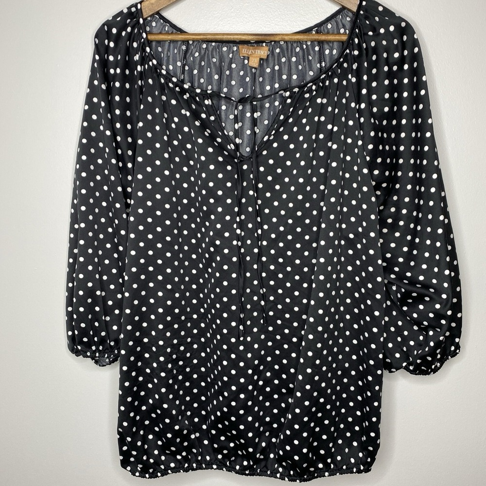 Ellen Tracy Blouse Top 2X V-Neck Elastic Hem Polka-Dot Tie Black‎ Size